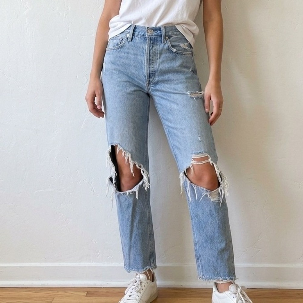 Agolde 90's Jean Womens 24 Blue Distressed High Rise Straight Jeans Loose Baggy